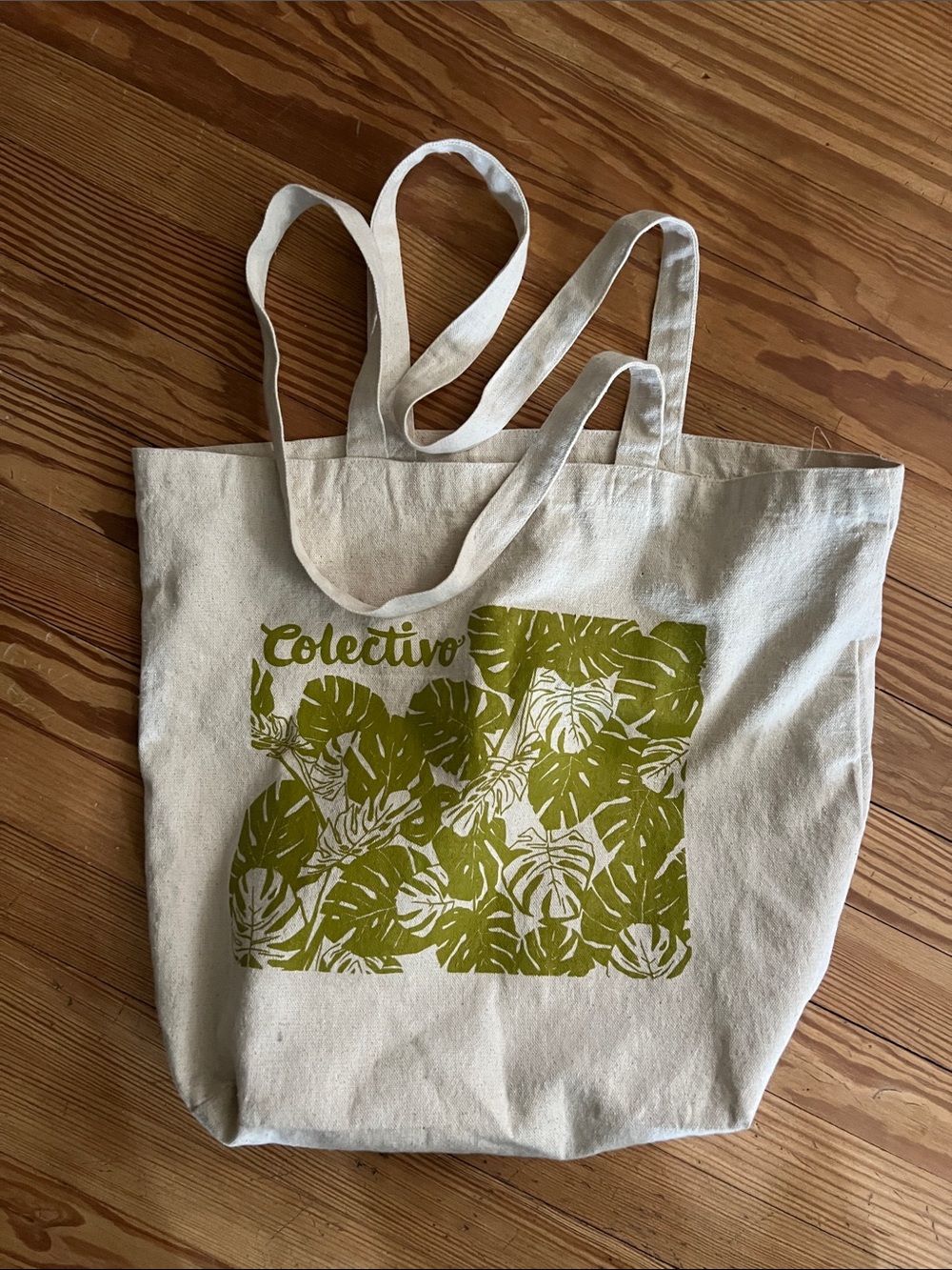 Cream Canvas Tote Bag with Olive Green Print